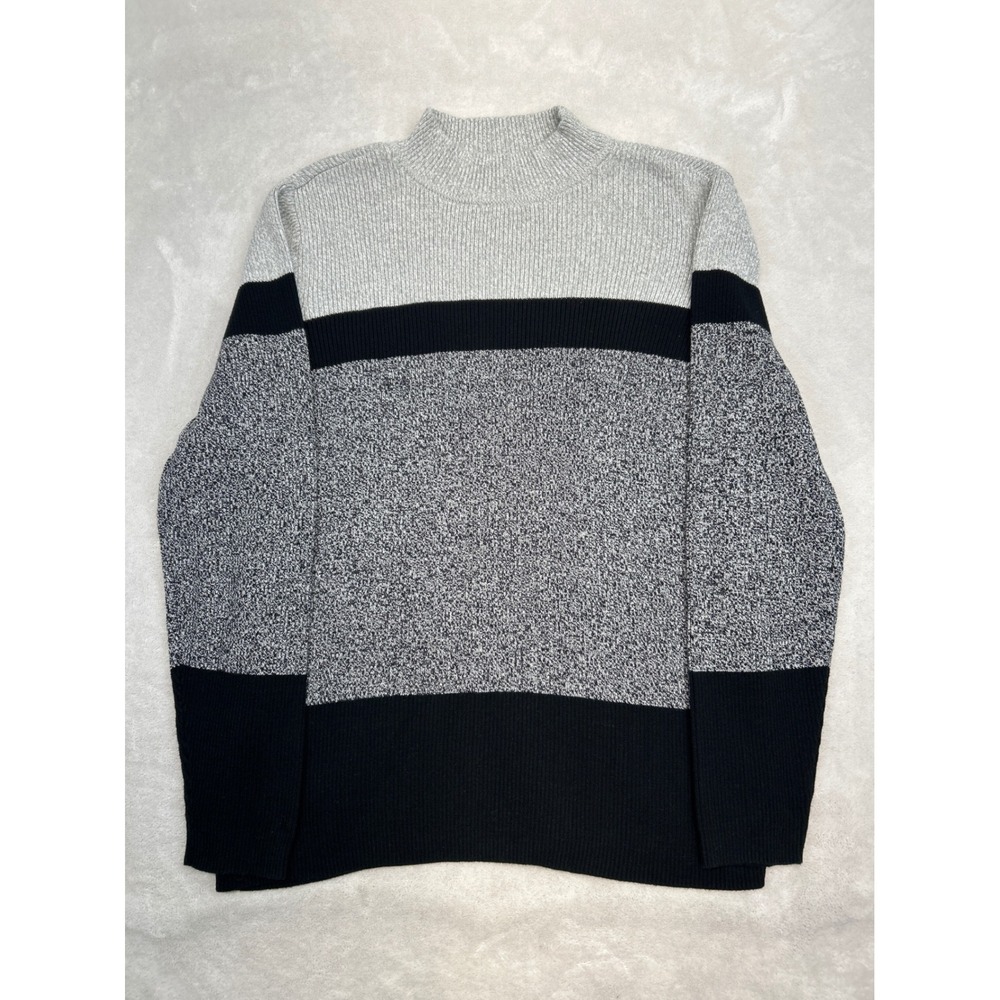 Karen Scott Sweater Womens XL Grey Black Colorblock Mock Neck Cotton Striped